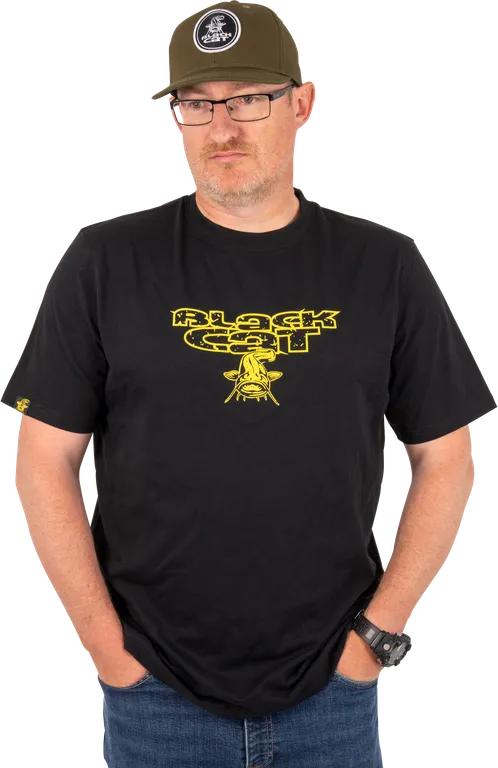 Black Cat Distressed Logo Black Tee M