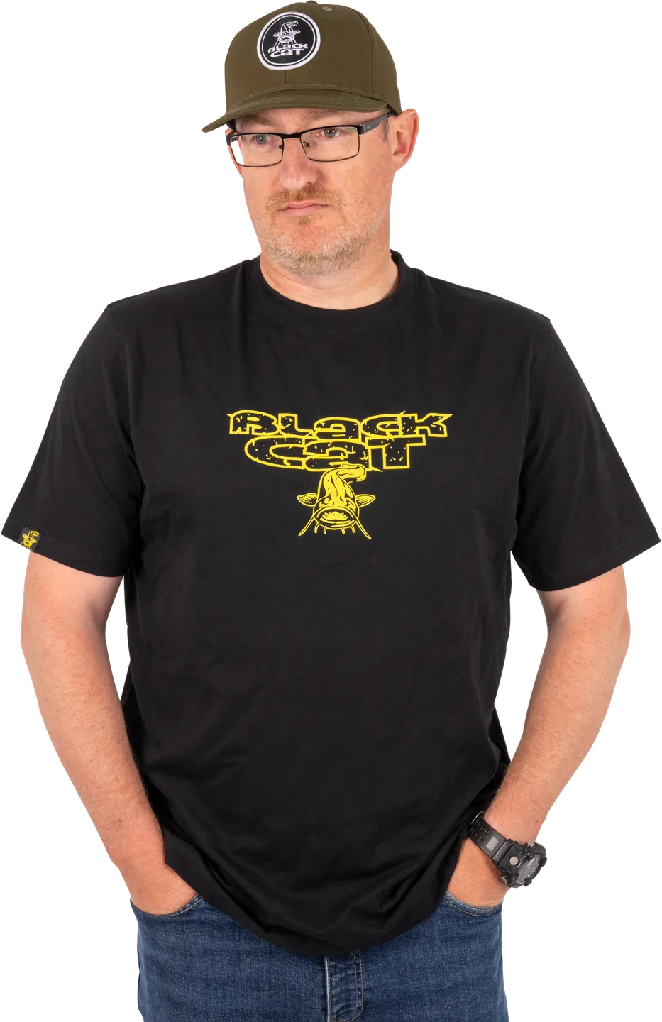 Black Cat Distressed Logo Black Tee XL